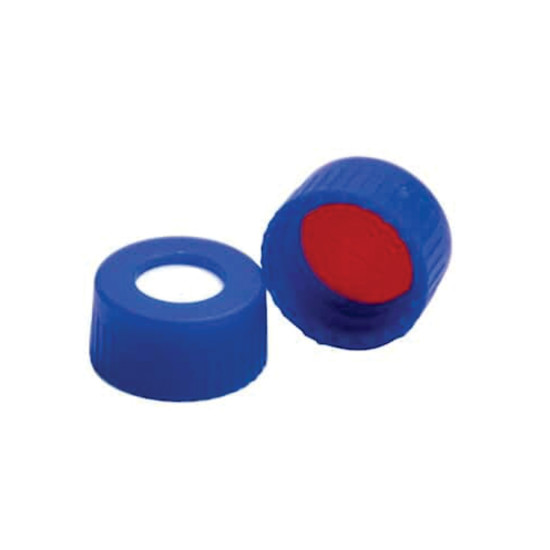 Colpak ND 9 Short Screw Thread Vials 12 x 32mm, 9mm Short Screw Thread Septas & Caps, PP Blue Knurled Short Screw Thread Cap, 6mm Center Hole Silicone White / PTFE Red