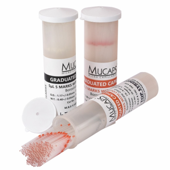 Graduated (GR) Capillary with Color Code Capacity 5µL with 5 marks at 1,2,3,4,5μl (I.D (±0.10mm) 0.32),(1 Vial with 250 Capillaries)