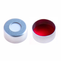 Colpak ND 11 Crimp Neck Vials 12 x 32mm, 11mm Aluminium Septas & Caps , Aluminium Cap Clear 5.5mm Center Hole Pre-Slit Silicone White / PTFE Red