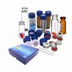 Colpak ND 11 Crimp Neck Vials 12 x 32mm,9mm PP Blue Knurled Short Screw Thread Cap Bonded Septas, 12 x 32mm, Amber Glass, Wide Opening