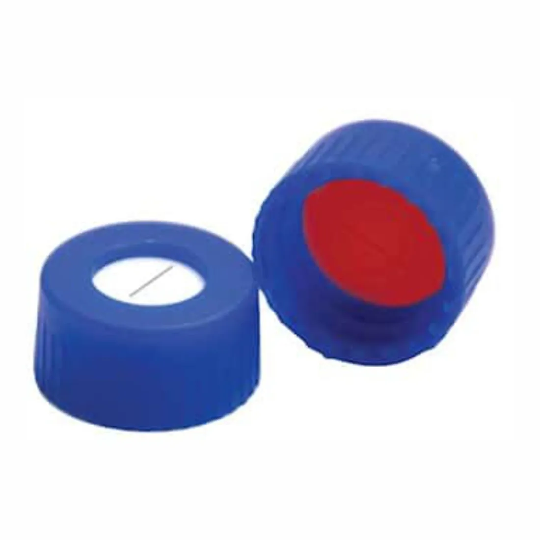 9mm PP Blue Knurled Short Screw Thread Cap, 6mm Center Hole Bonded Silicone White / PTFE Red with Pre-Slit (Pack of 100)